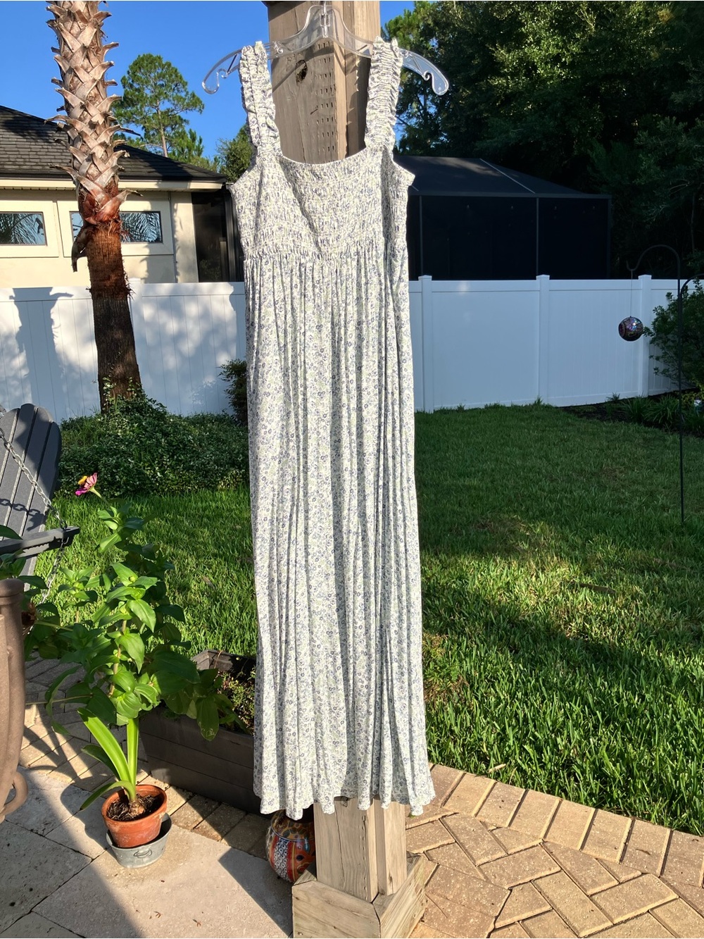 Smocked Floral Maxi Dress - White with Blue and green Print